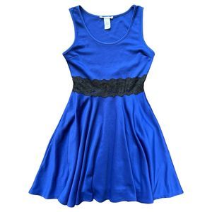 Wild Daisy Small Fit & Flare Dress Blue Stretchy w Black Lace Insert Sleeveless